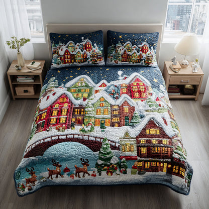 Town Christmas Village Bridge 3-Piece Quilted Bedding Set NCU0HH883