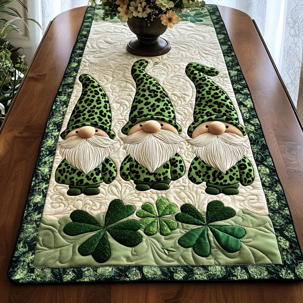 Triple Shamrock Gnomes Quilted Table Runner NCU0NT3251