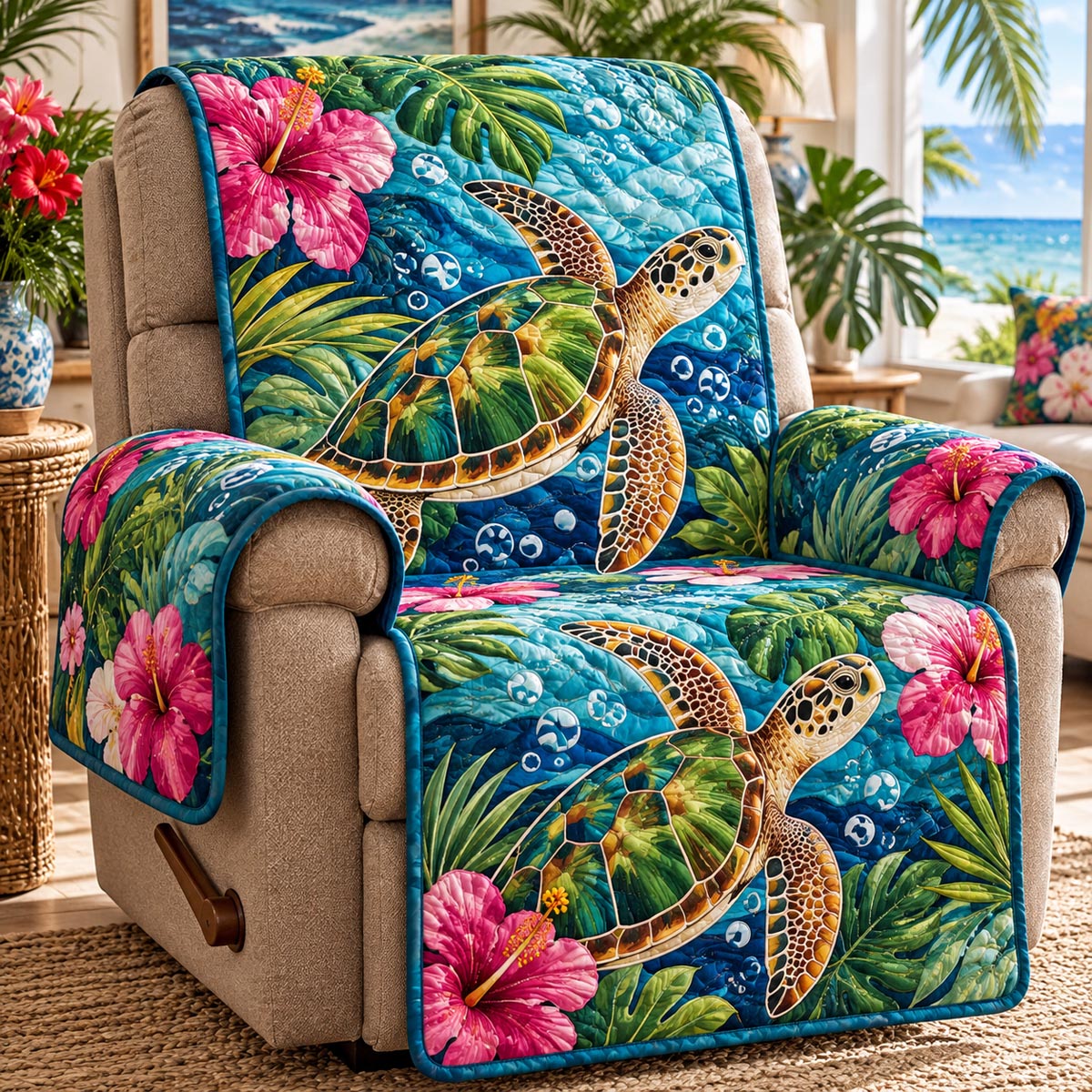Tropical Hibiscus Turtle Quilted Sofa Cover NCU0DV10440