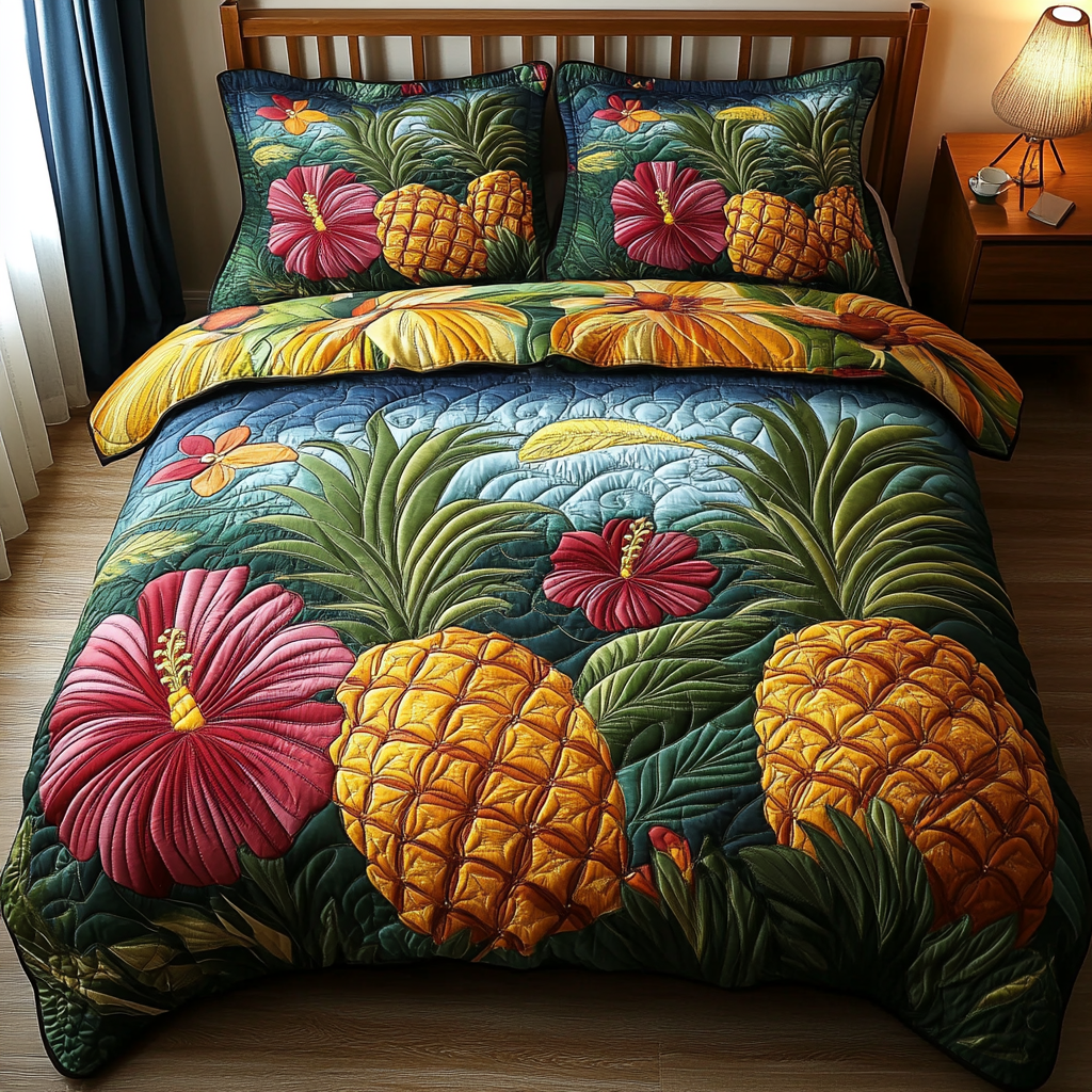 Tropical Pineapple Paradise 3-Piece Quilted Bedding Set NCU0DK5890
