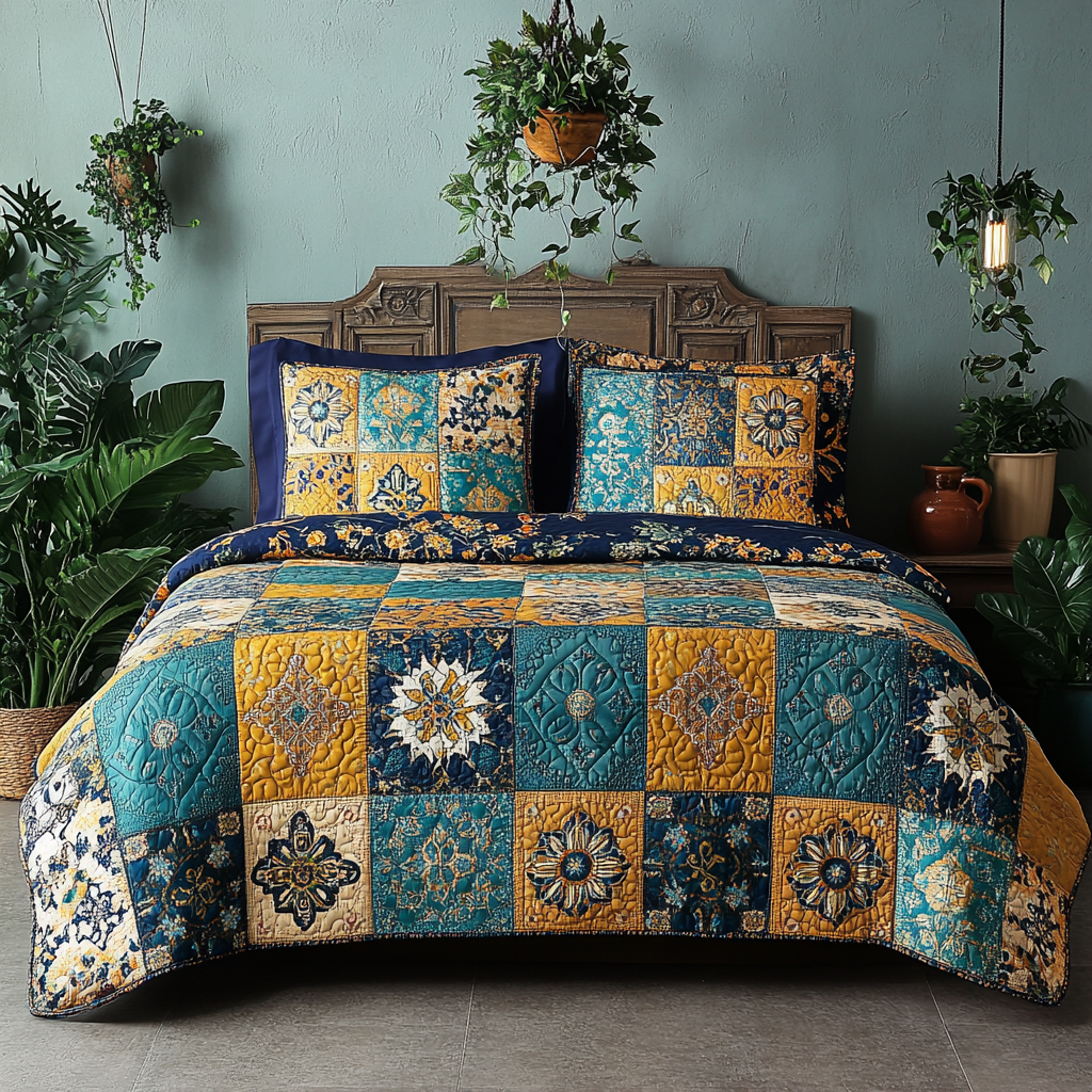 Turquoise Bloom 3-Piece Quilted Bedding Set NCU0VL990