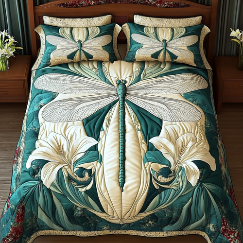Turquoise Dragonfly Bliss 3-Piece Quilted Bedding Set NCU0VL1031