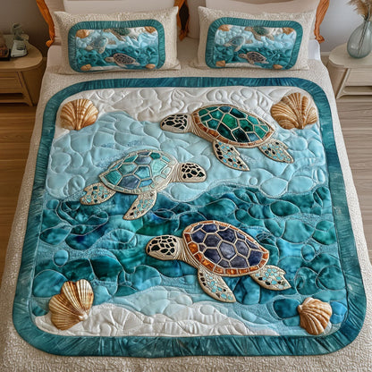 Turquoise Turtle Shore 3-Piece Quilted Bedding Set NCU0NT4234