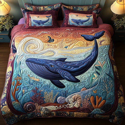 Twilight Ocean Whales 3-Piece Quilted Bedding Set NCU0NT2867