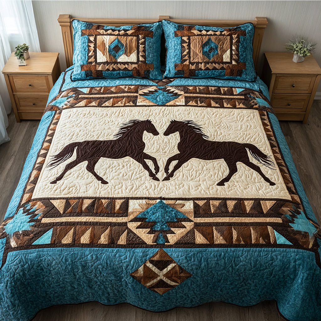 Twin Horses 3-Piece Quilted Bedding Set NCU0DK11047