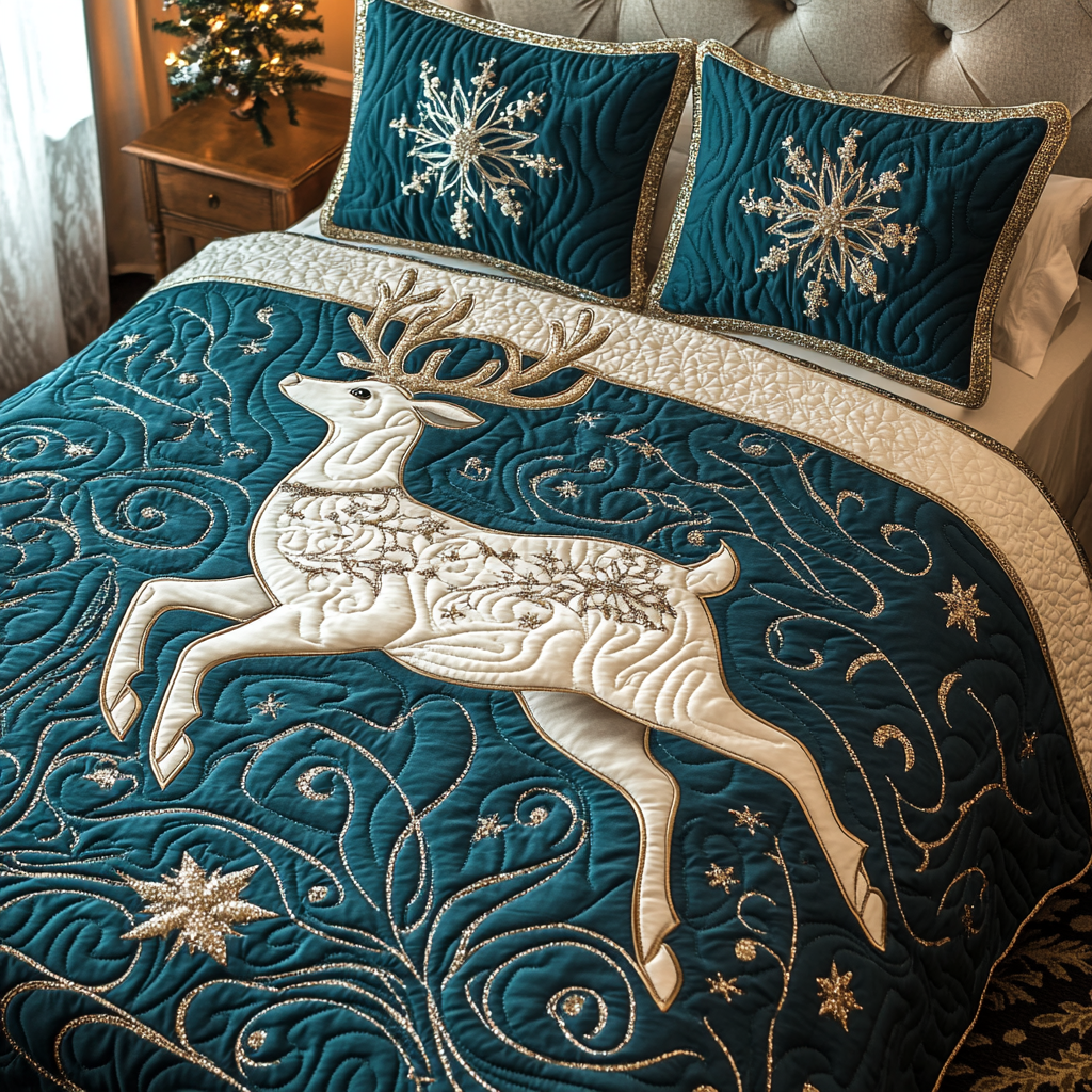 Twinkling Reindeer Nights 3-Piece Quilted Bedding Set NCU0TL1964