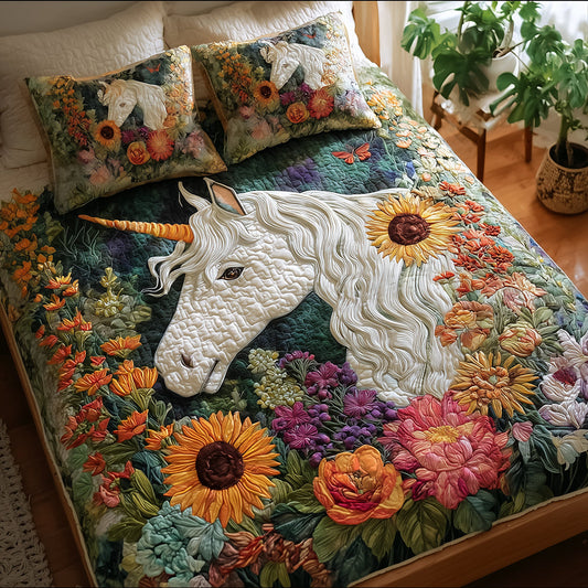 Unicorn of the Wildflowers 3-Piece Quilted Bedding Set NCU0TH3719