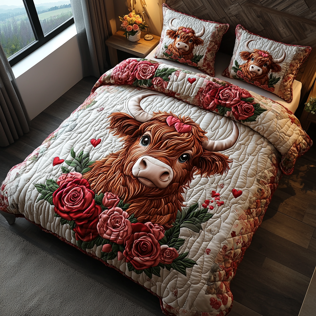 Valentine Highland Cow 3-Piece Quilted Bedding Set NCU0DV2336