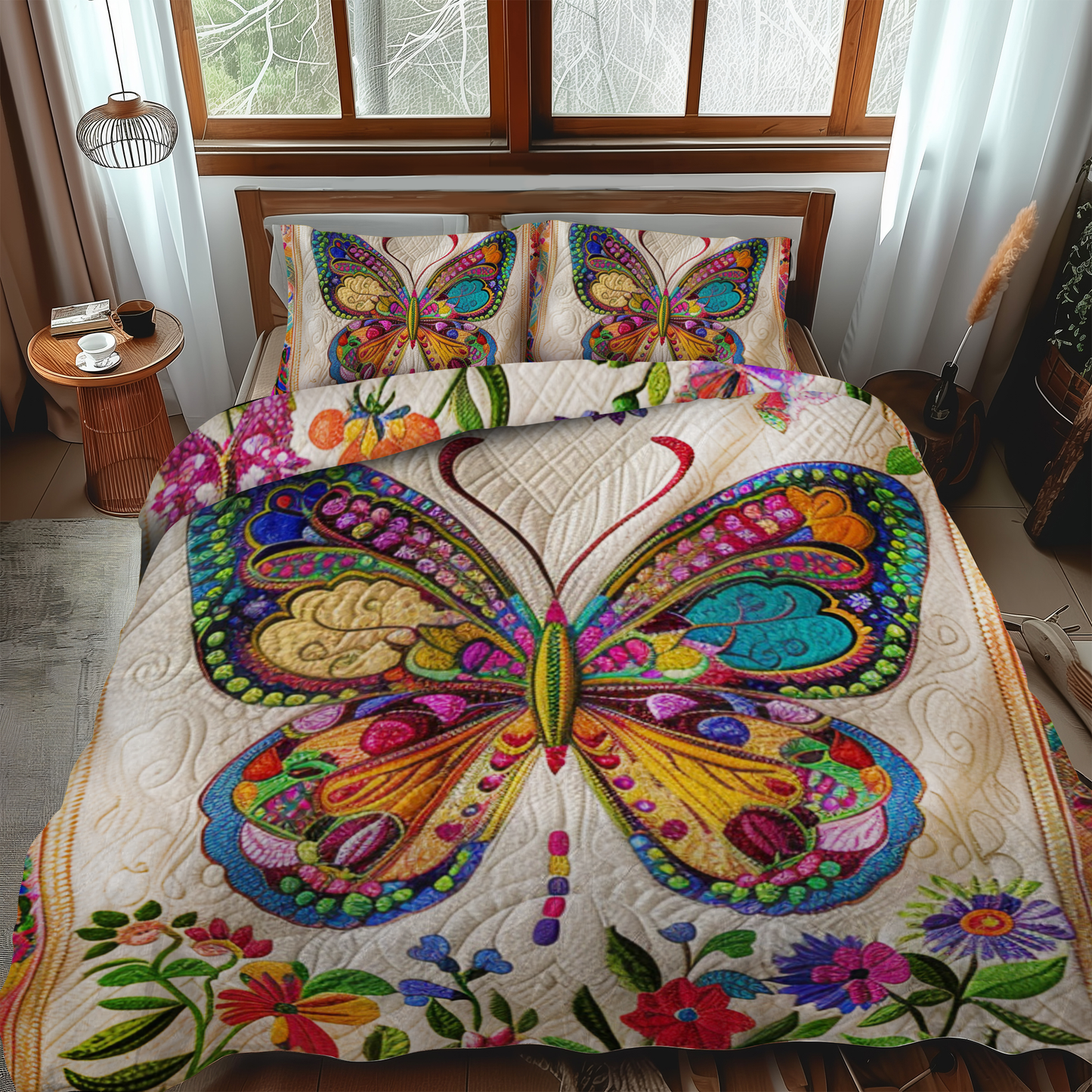 Vibrant Mandala Butterfly 3-Piece Quilted Bedding Set NCU0VL139