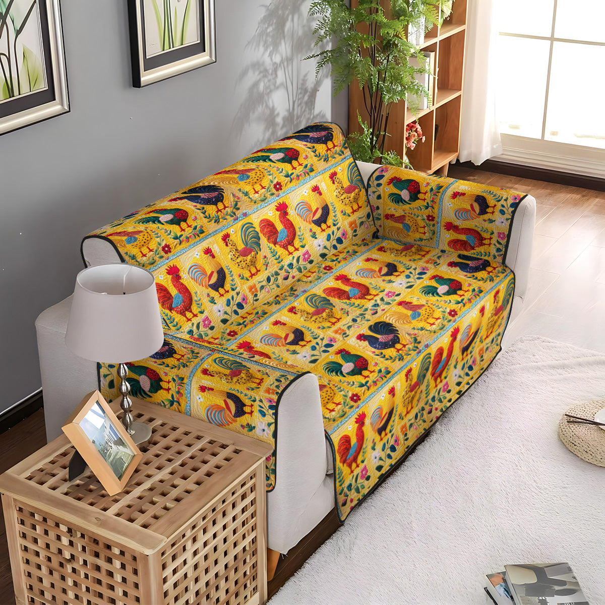 Vibrant Rooster Mosaic Quilted Sofa Cover NCU0PT957