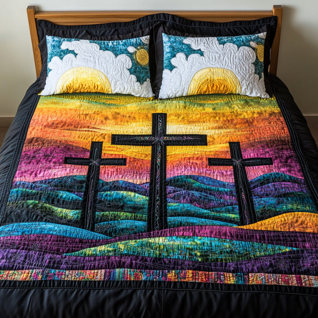Vibrant Sunrise Crosses 3-Piece Quilted Bedding Set NCU0NT3509