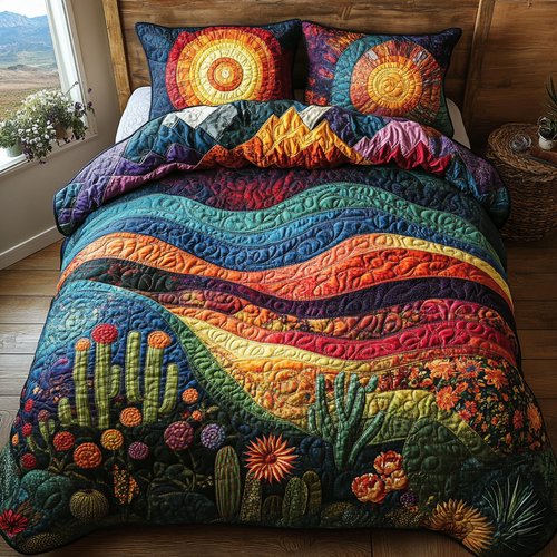 Vibrant Cactus Village 3-Piece Quilted Bedding Set NCU0DV4054