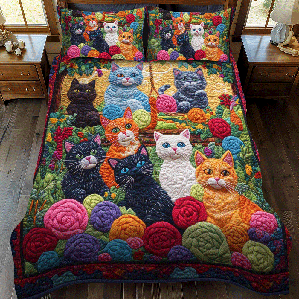 Vibrant Cats And Yarn 3-Piece Quilted Bedding Set NCU0PD626