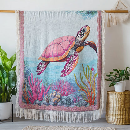 Vibrant Coral Turtle Woven Sofa Blanket NCU0NT4774