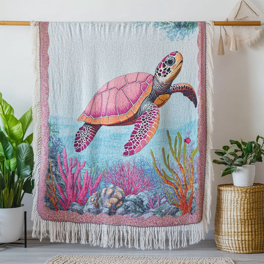 Vibrant Coral Turtle Woven Sofa Blanket NCU0NT4774