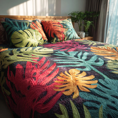 Vibrant Monstera 3-Piece Quilted Bedding Set NCU0VL3455