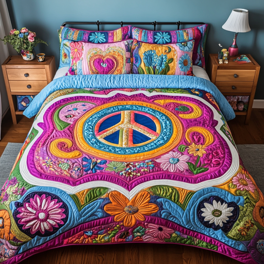 Vibrant Peace Flowers Quilted Bedding Set NCU0DK6394