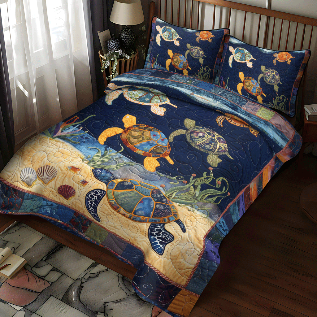 Vibrant Turtle Night 3-Piece Quilted Bedding Set NCU0TH1347