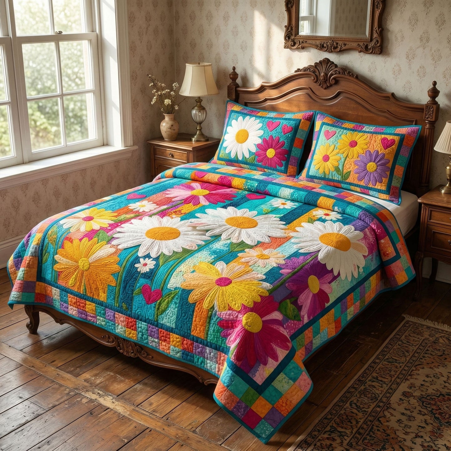Vintage Bloom Patch 3-Piece Quilted Bedding Set NCU0NT12484