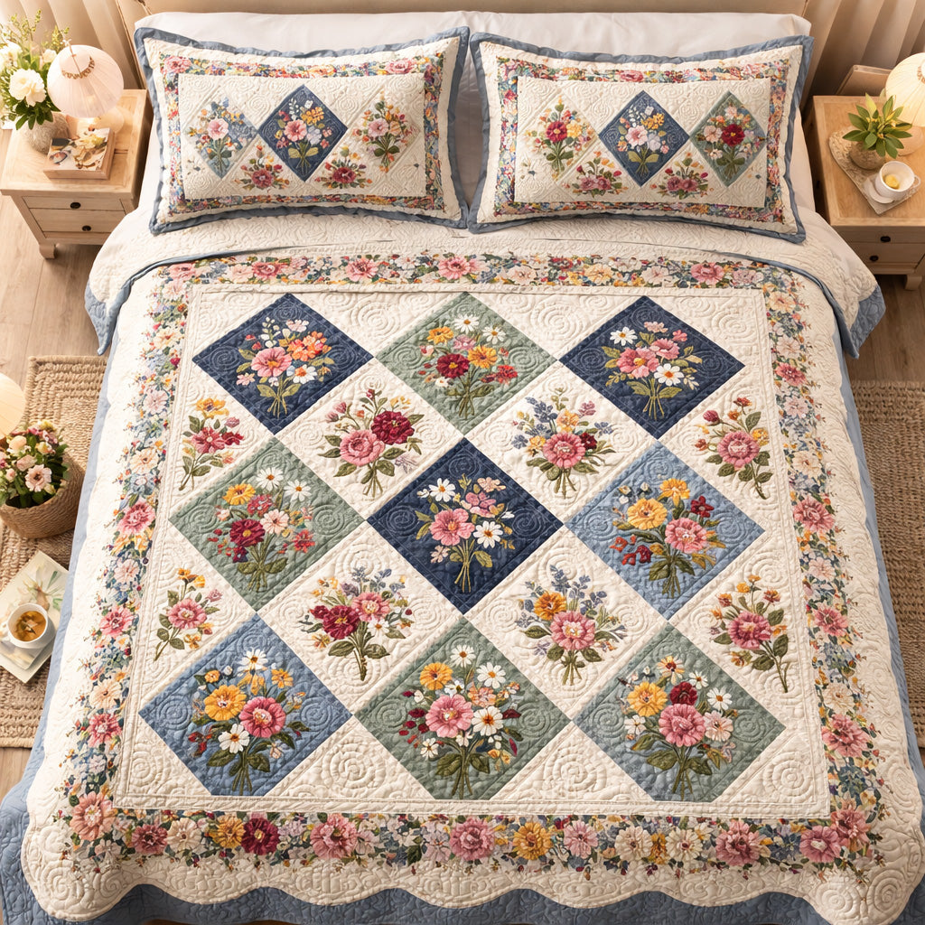 Vintage Blossom 3-Piece Quilted Bedding Set NCU0TV1682