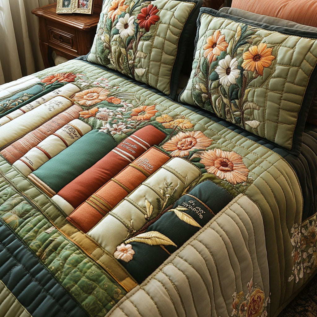 Vintage Book Haven 3-Piece Quilted Bedding Set NCU0NT4871