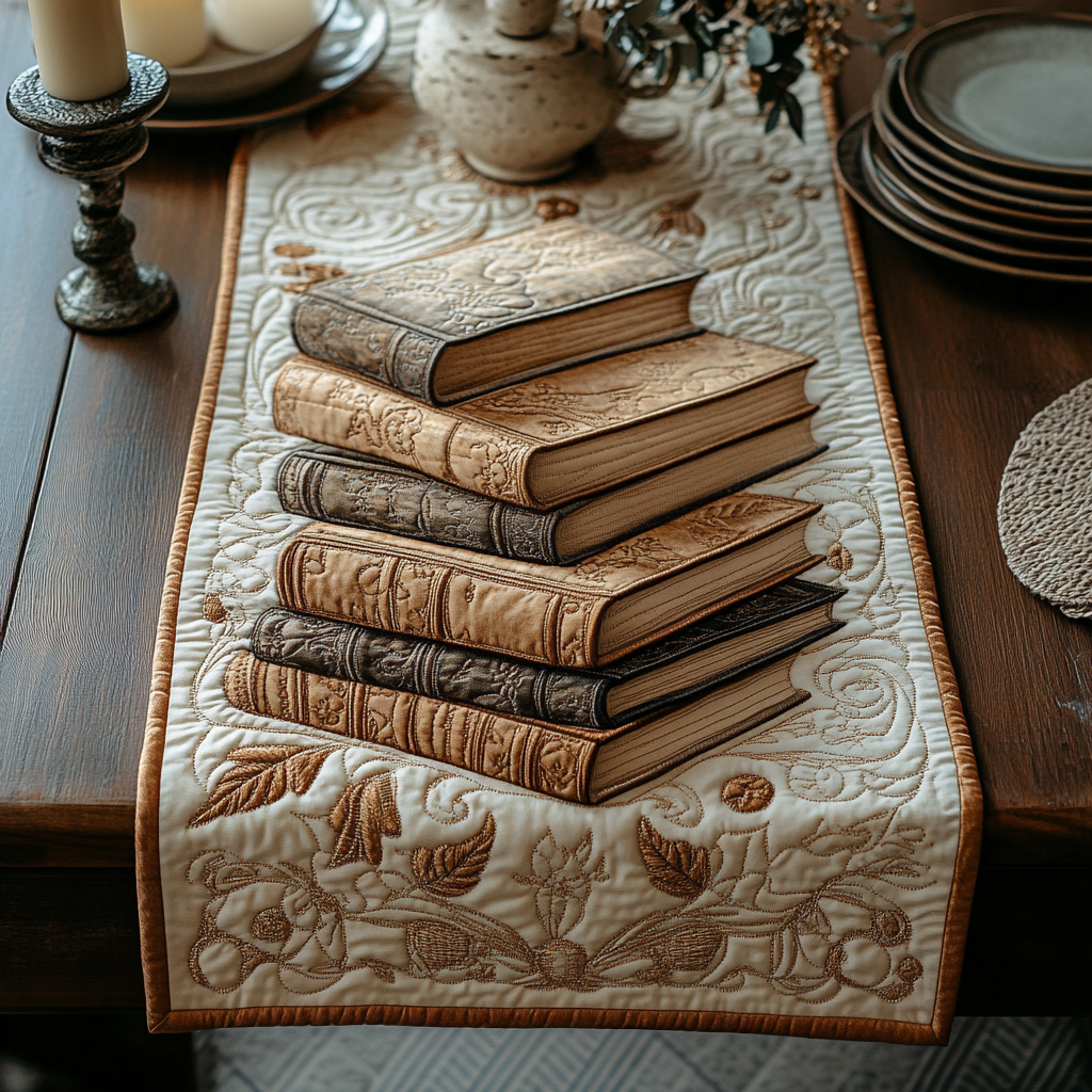Vintage Bookshelf Quilted Table Runner NCU0DV3682