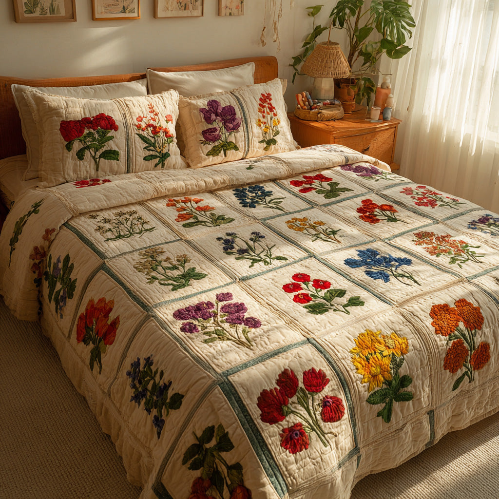 Vintage Botanicals 3-Piece Quilted Bedding Set NCU0VL3213