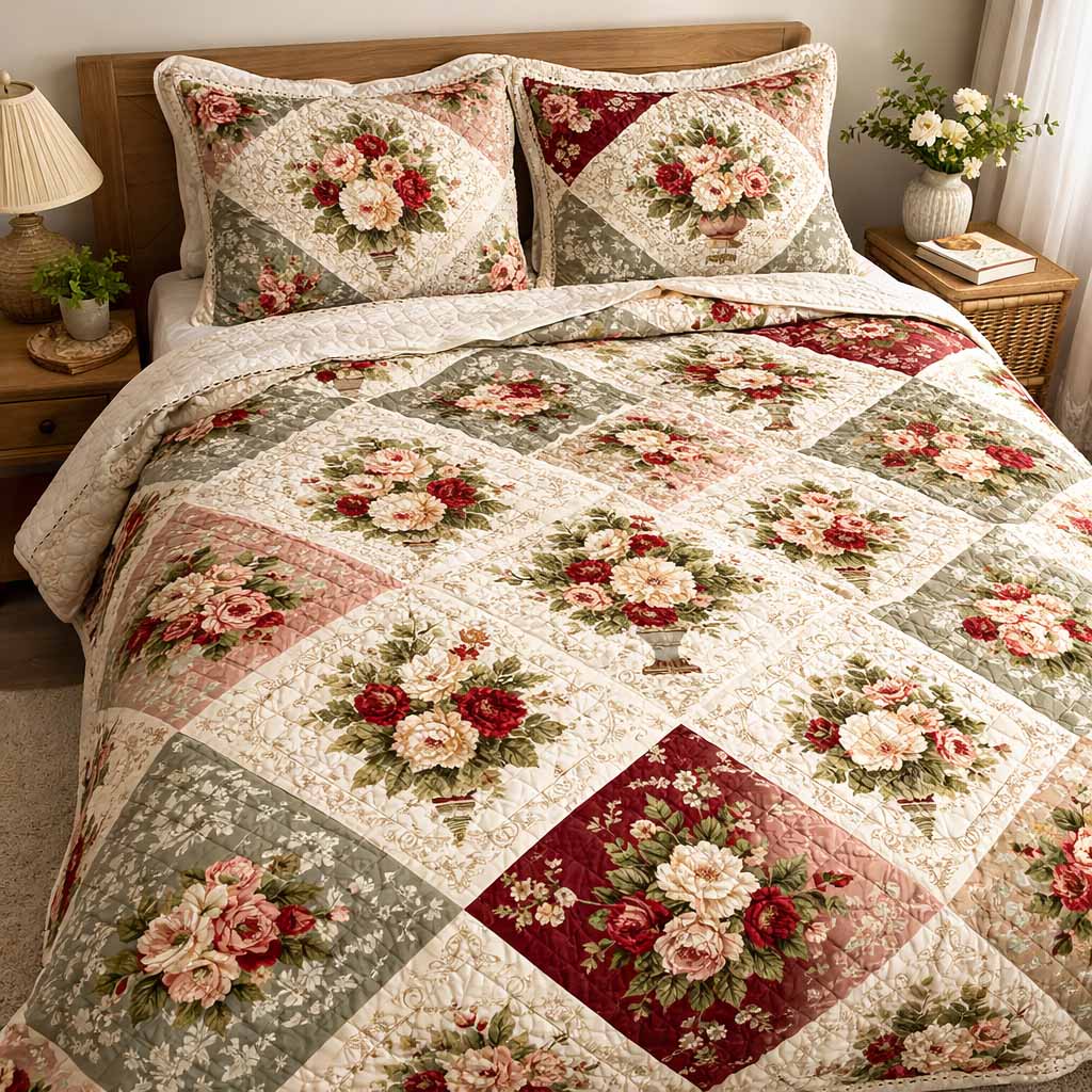 Vintage Bouquet 3-Piece Quilted Bedding Set NCU0XD2527