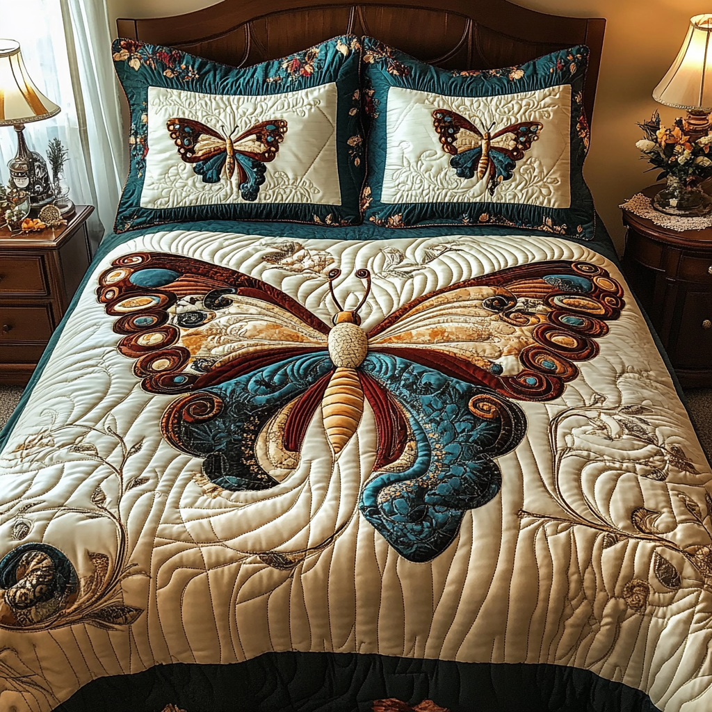 Vintage Butterfly Charm 3-Piece Quilted Bedding Set NCU0DV5842