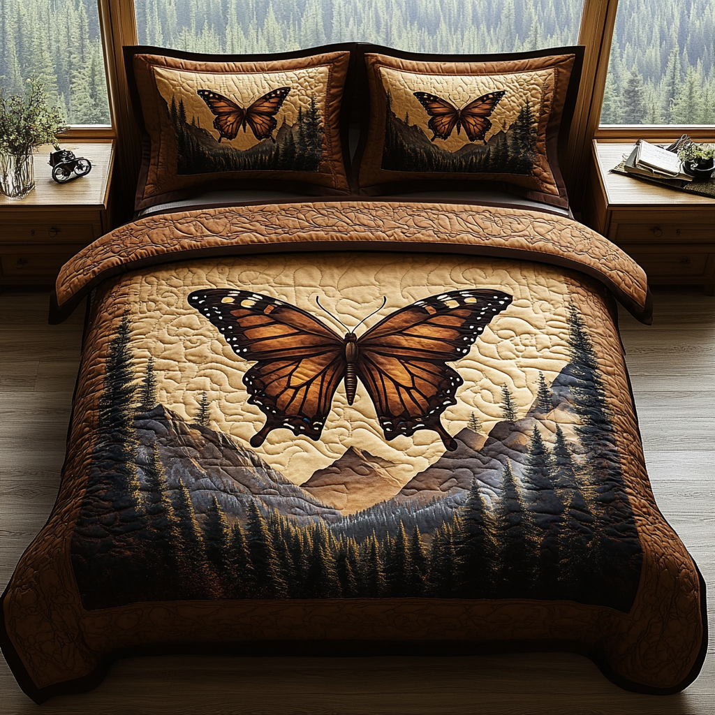 Vintage Butterfly Flight 3-Piece Quilted Bedding Set NCU0DV5843