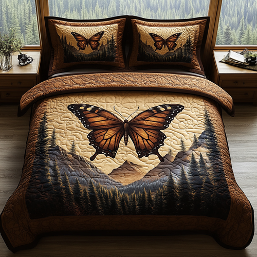 Vintage Butterfly Flight 3-Piece Quilted Bedding Set NCU0DV5843