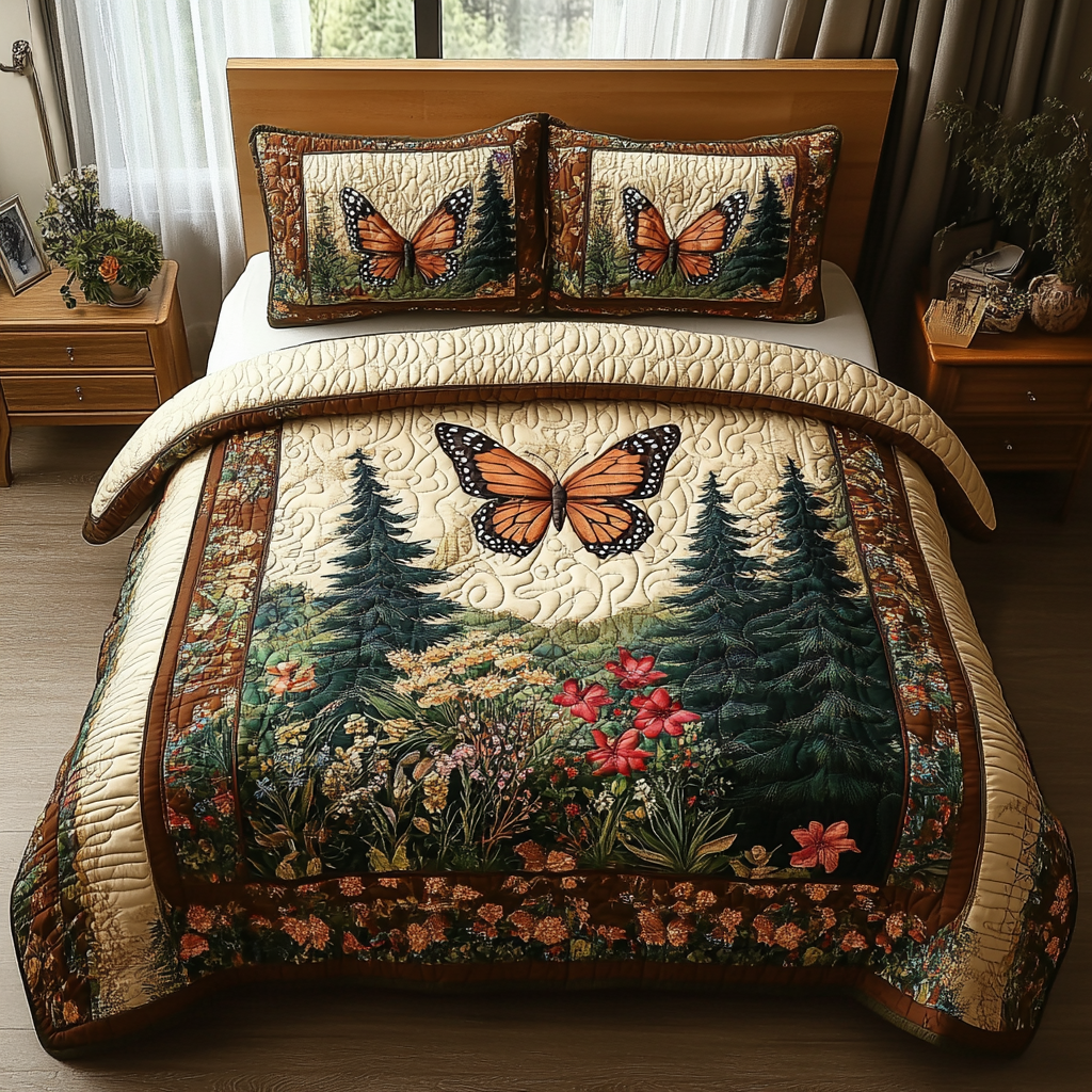 Vintage Butterfly Kiss 3-Piece Quilted Bedding Set NCU0DV5854