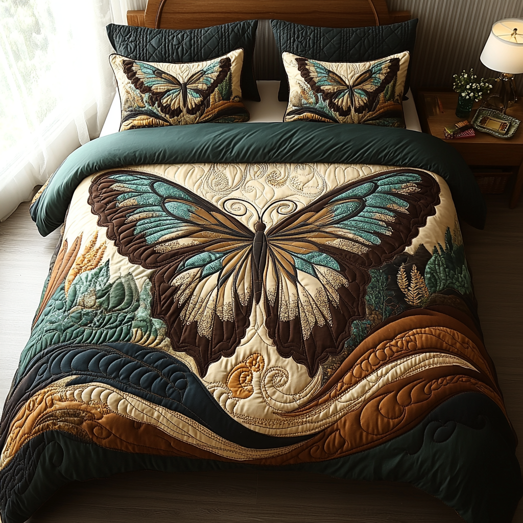 Vintage Butterfly Lace 3-Piece Quilted Bedding Set NCU0DV5851