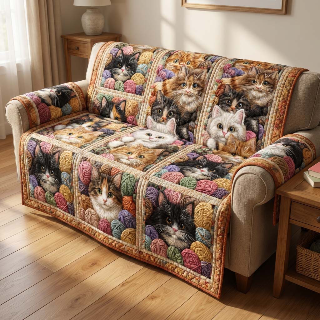 Vintage Cat Wool Quilted Sofa Cover NCU0HH1954