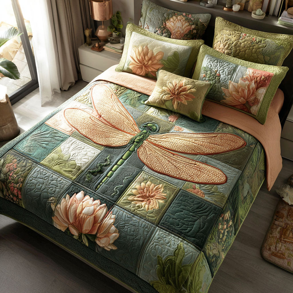 Vintage Dragonfly Floral 3-Piece Quilted Bedding Set NCU0TD2475