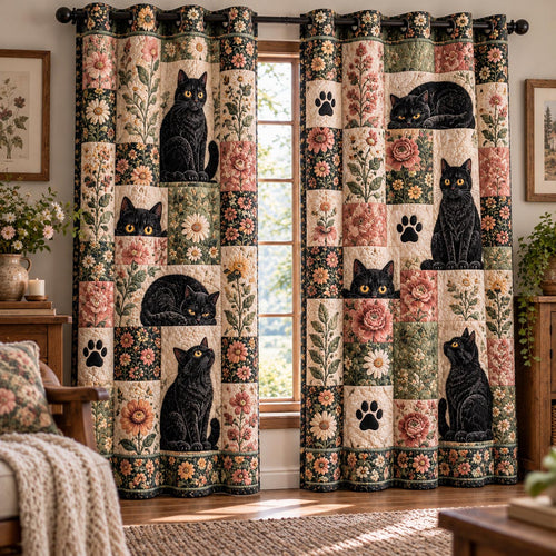Vintage Floral Black Cat Quilted Curtains NCU0DV10392
