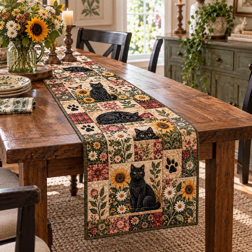 Vintage Floral Black Cat Quilted Table Runner NCU0DV10479