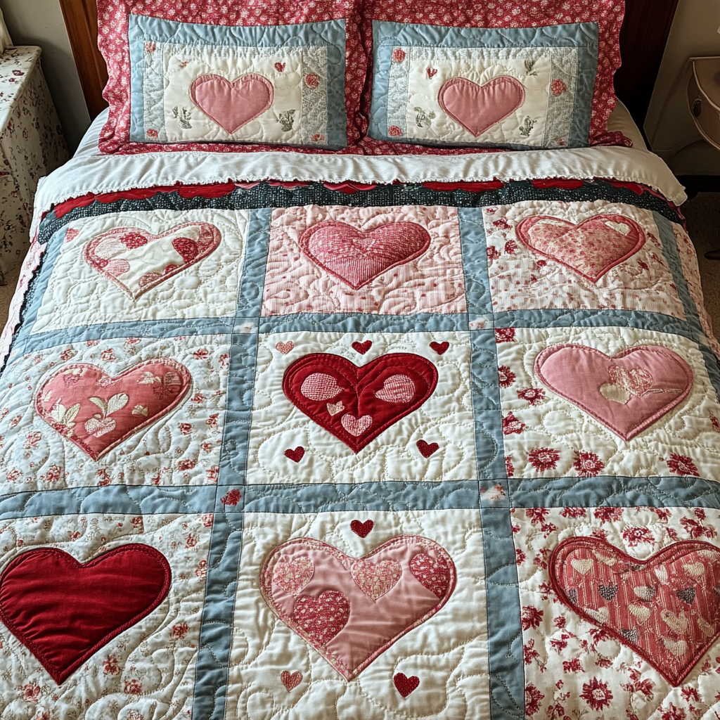Vintage Heart Charm 3-Piece Quilted Bedding Set NCU0DK3728