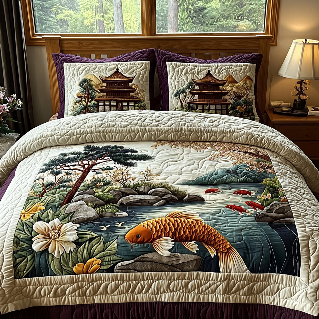 Vintage Japanese Koi 3-Piece Quilted Bedding Set NCU0DV5914