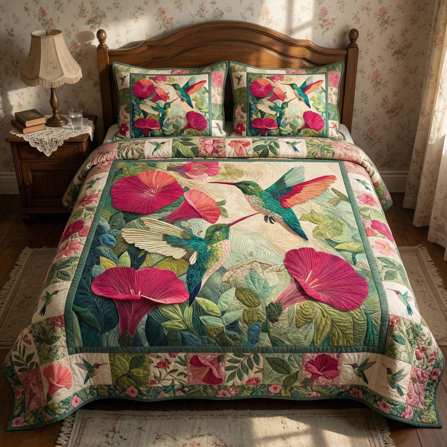 Vintage Morning Glory 3-Piece Quilted Bedding Set NCU0NT12736