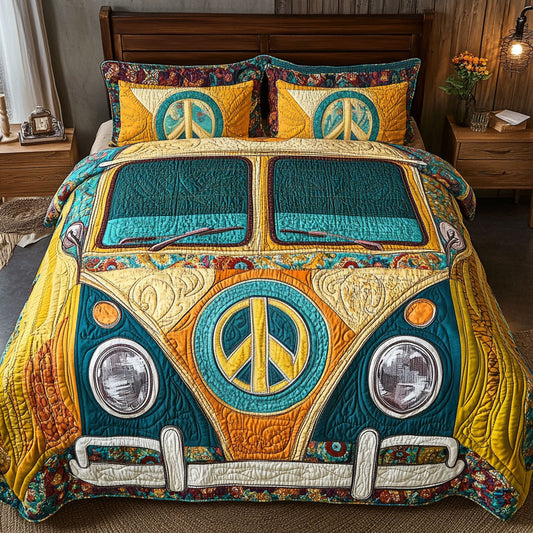 Vintage Peace Bus 3-Piece Quilted Bedding Set NCU0NT4038