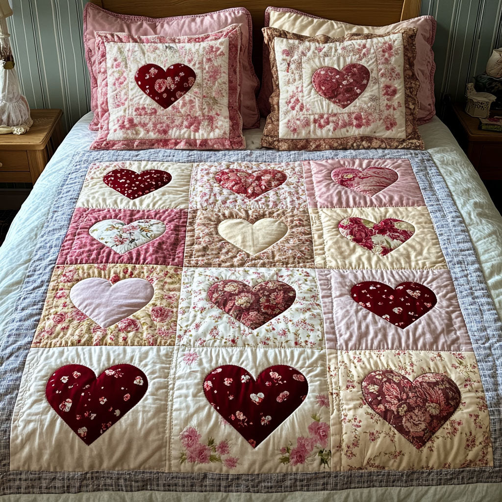Vintage Rose Hearts 3-Piece Quilted Bedding Set NCU0NT3422