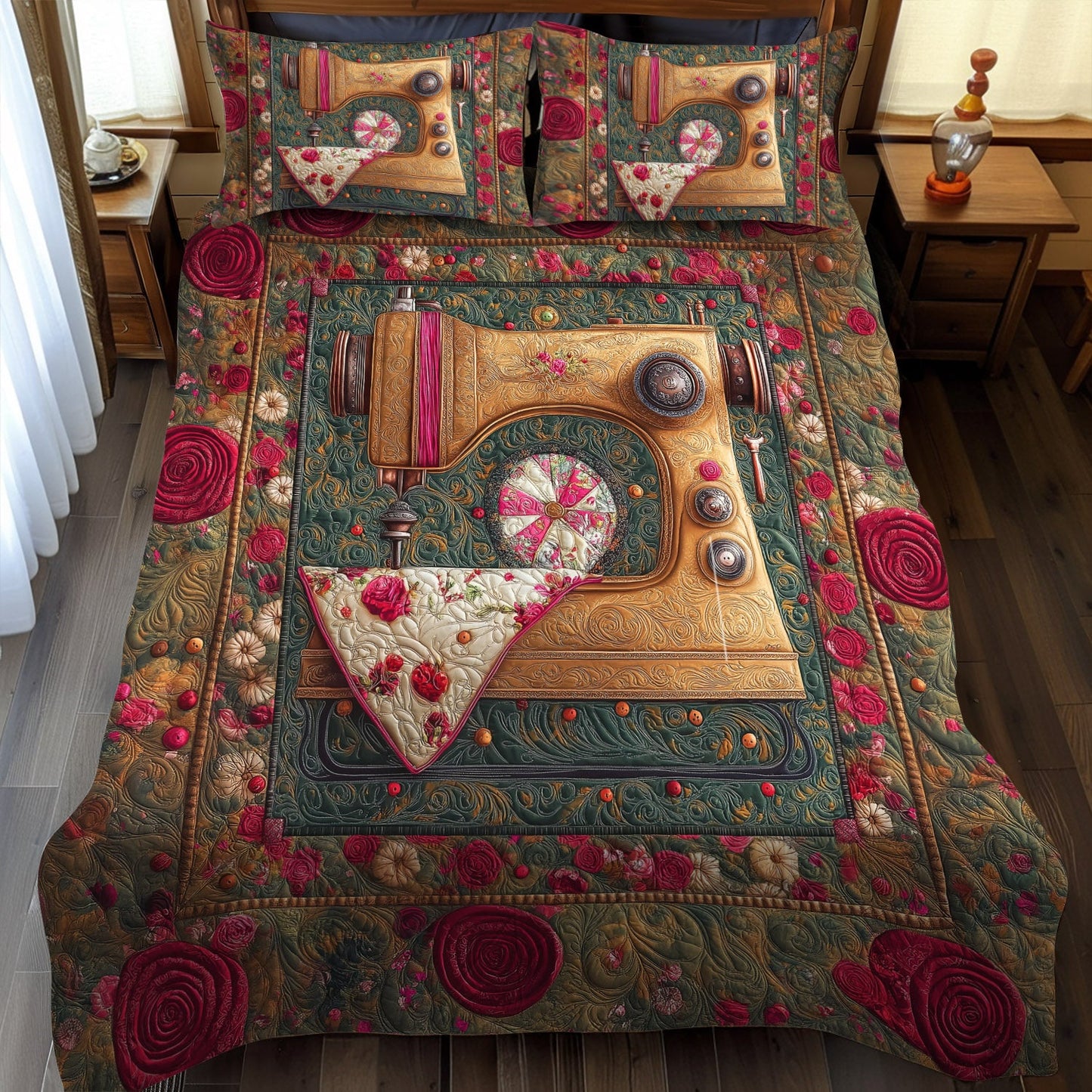 Vintage Sewing Haven 3-Piece Quilted Bedding Set NCU0TL2146