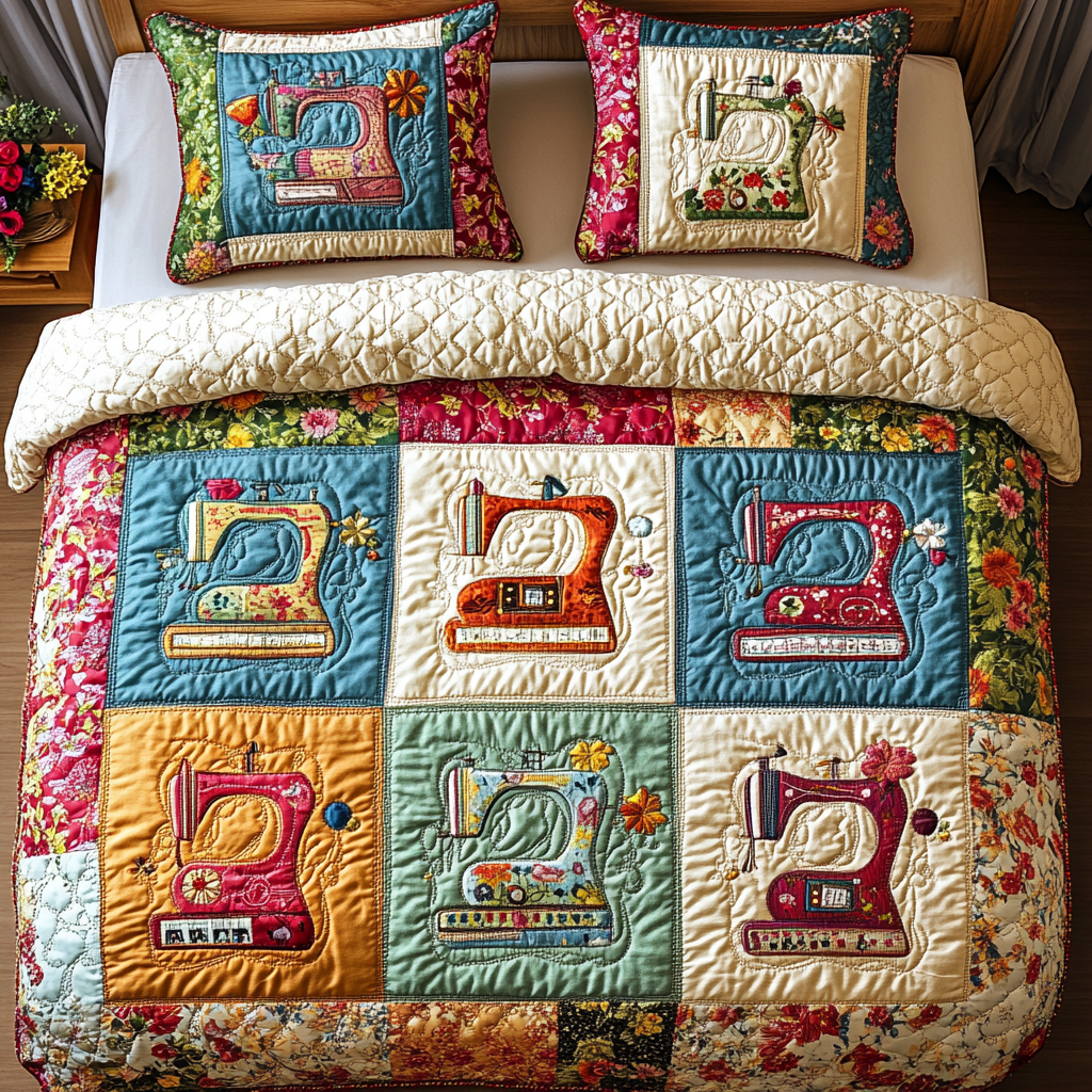 Vintage Sewing Machine 3-Piece Quilted Bedding Set NCU0DK8009