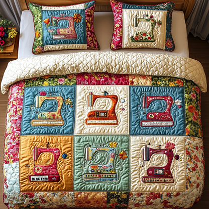 Vintage Sewing Machine 3-Piece Quilted Bedding Set NCU0DK8009