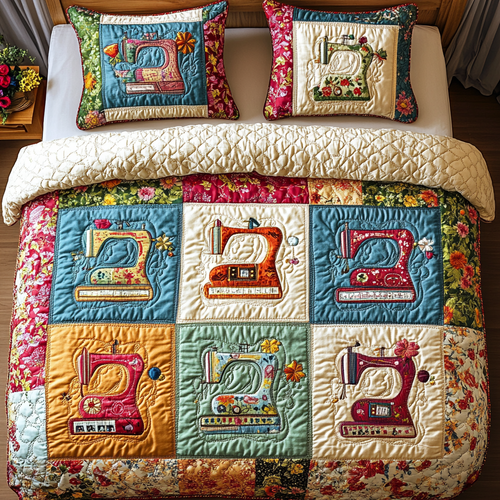 Vintage Sewing Machine 3-Piece Quilted Bedding Set NCU0DK8009
