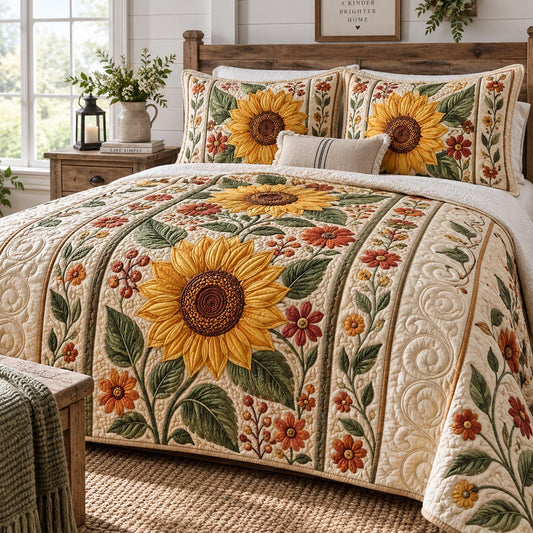 Vintage Sunflower Meadow 3-Piece Quilted Bedding Set NCU0DV10161