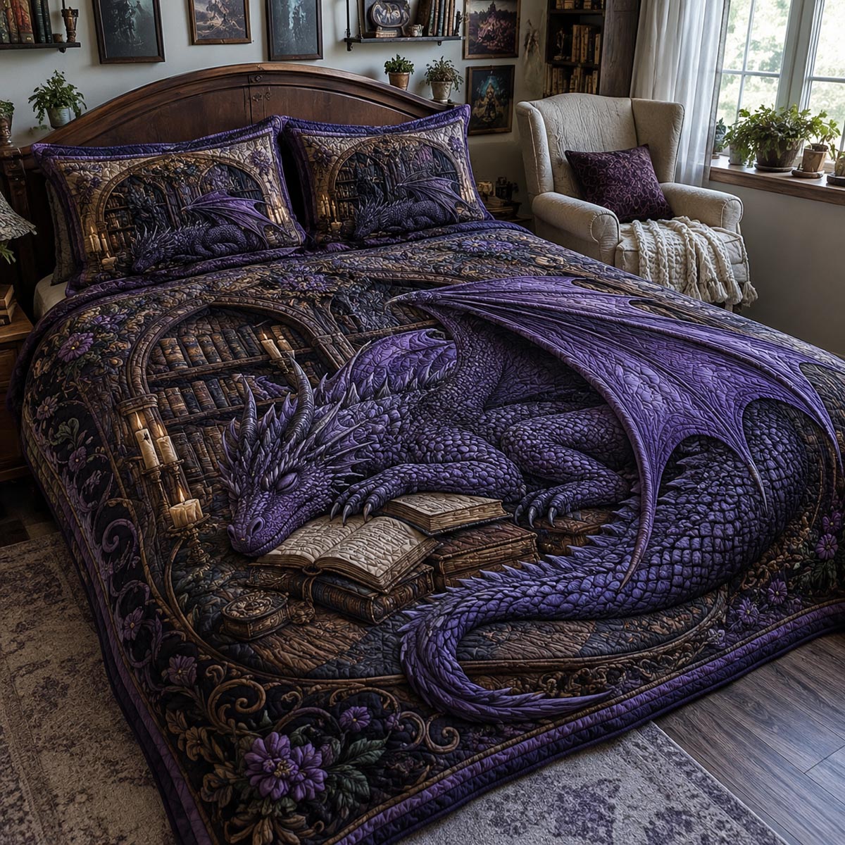 Violet Bookwyrm 3-Piece Quilted Bedding Set NCU0DV10043