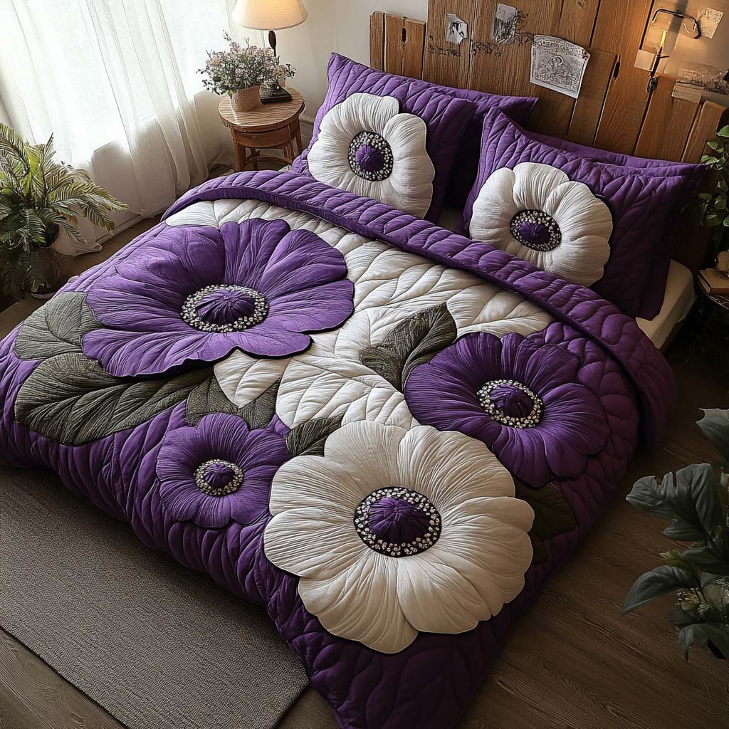 Violet Poppy Glow 3-Piece Quilted Bedding Set NCU0XD573