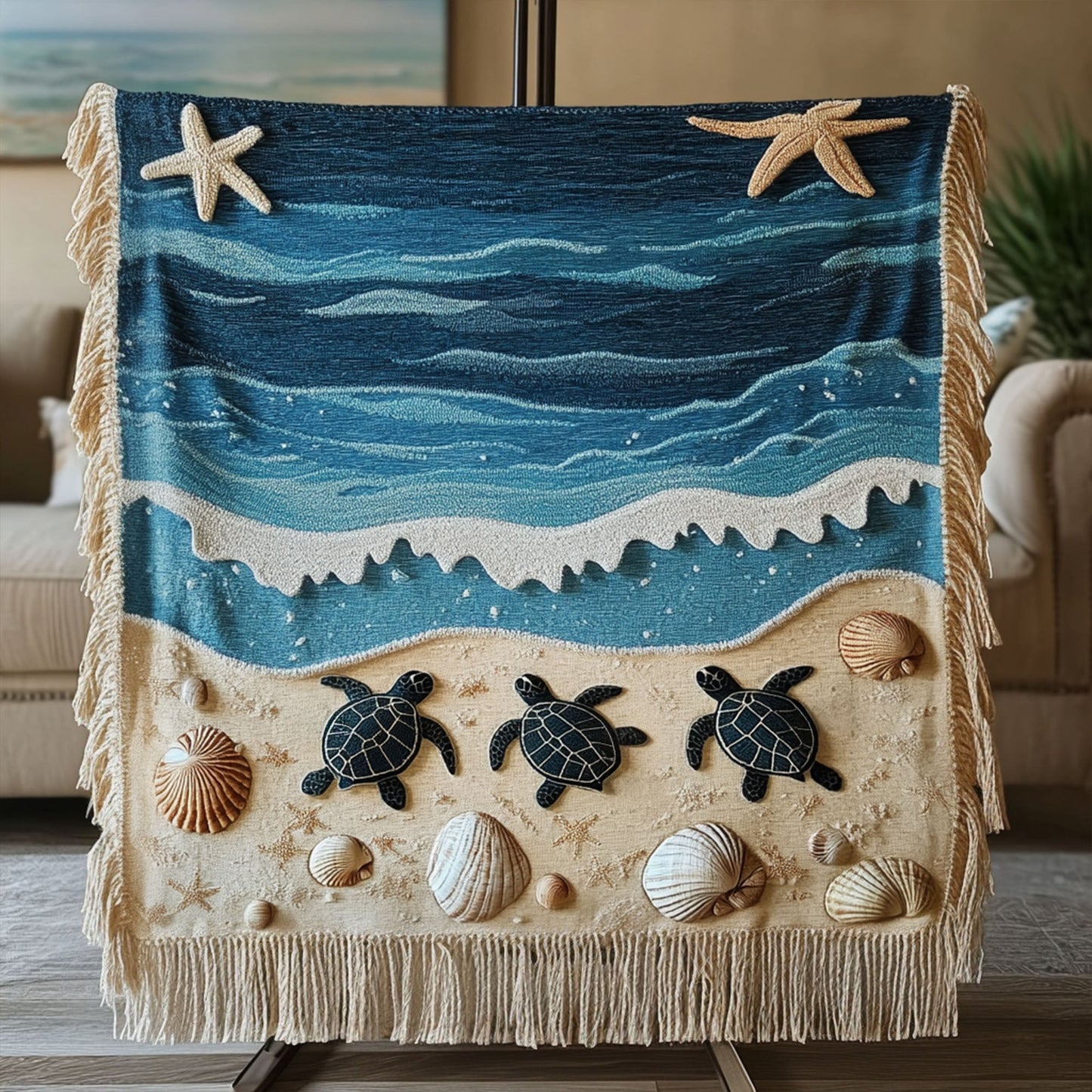 Waves and Shells Woven Sofa Blanket NCU0PT4955